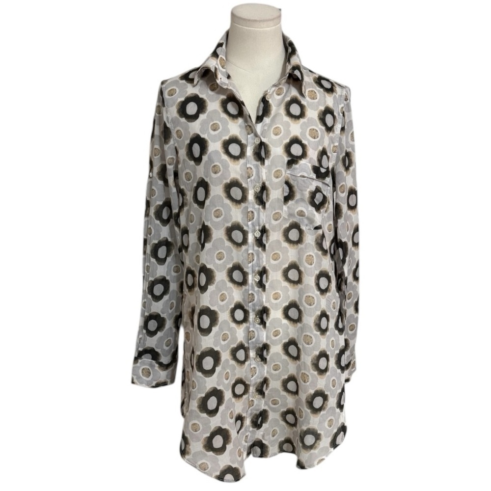 0039 ITALY Floral Geometric Gray Brown Button Up Shirt Dress Beach Coverup Sz S